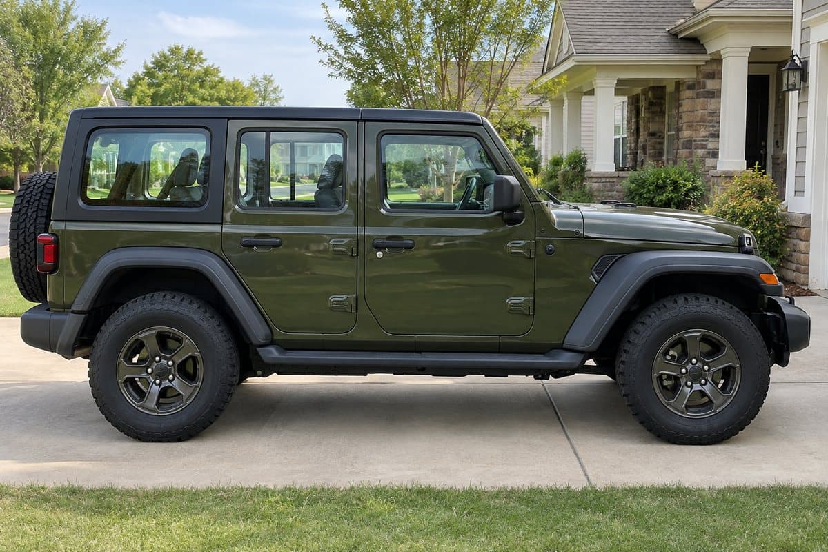 A olive green Jeep Wrangler on a driveway, its windows half clear and half tinted