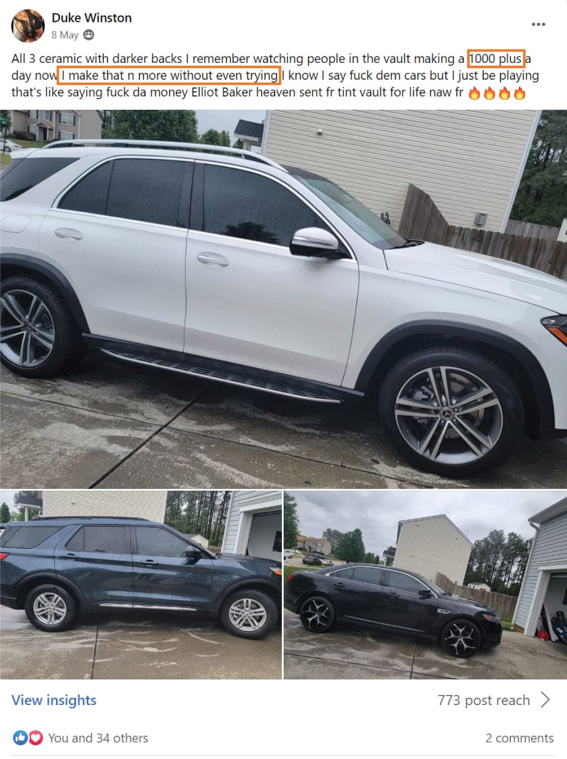 Dukes Tints 2 Go: $1,000+, Selected reported days