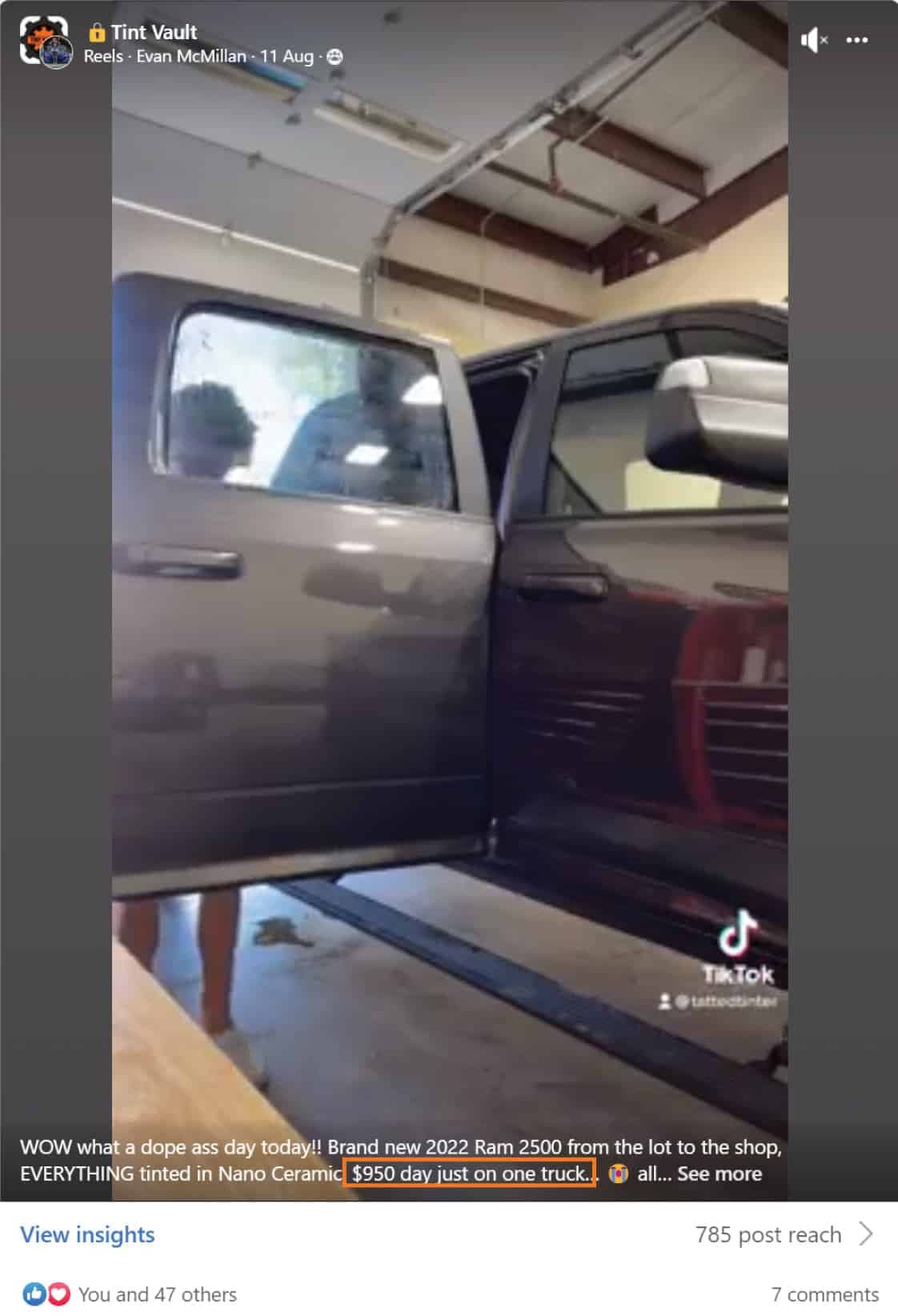 Black Widow Tinting: $950, Reported for one truck