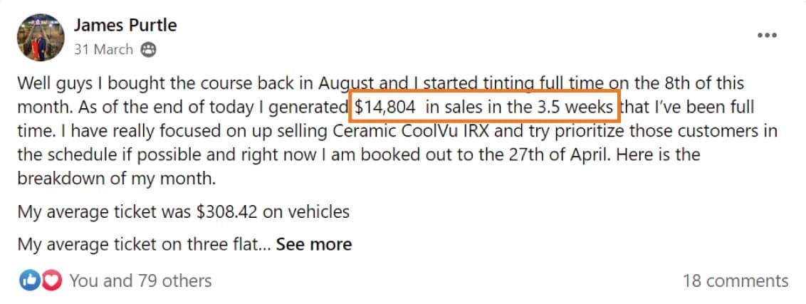 Top Notch Tint: $14,804, Reported over 3.5 weeks