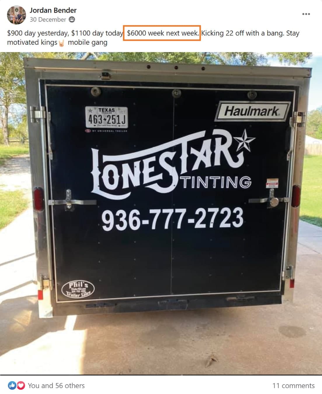 Lonestar Window Film: $1,100 — Reported in one day