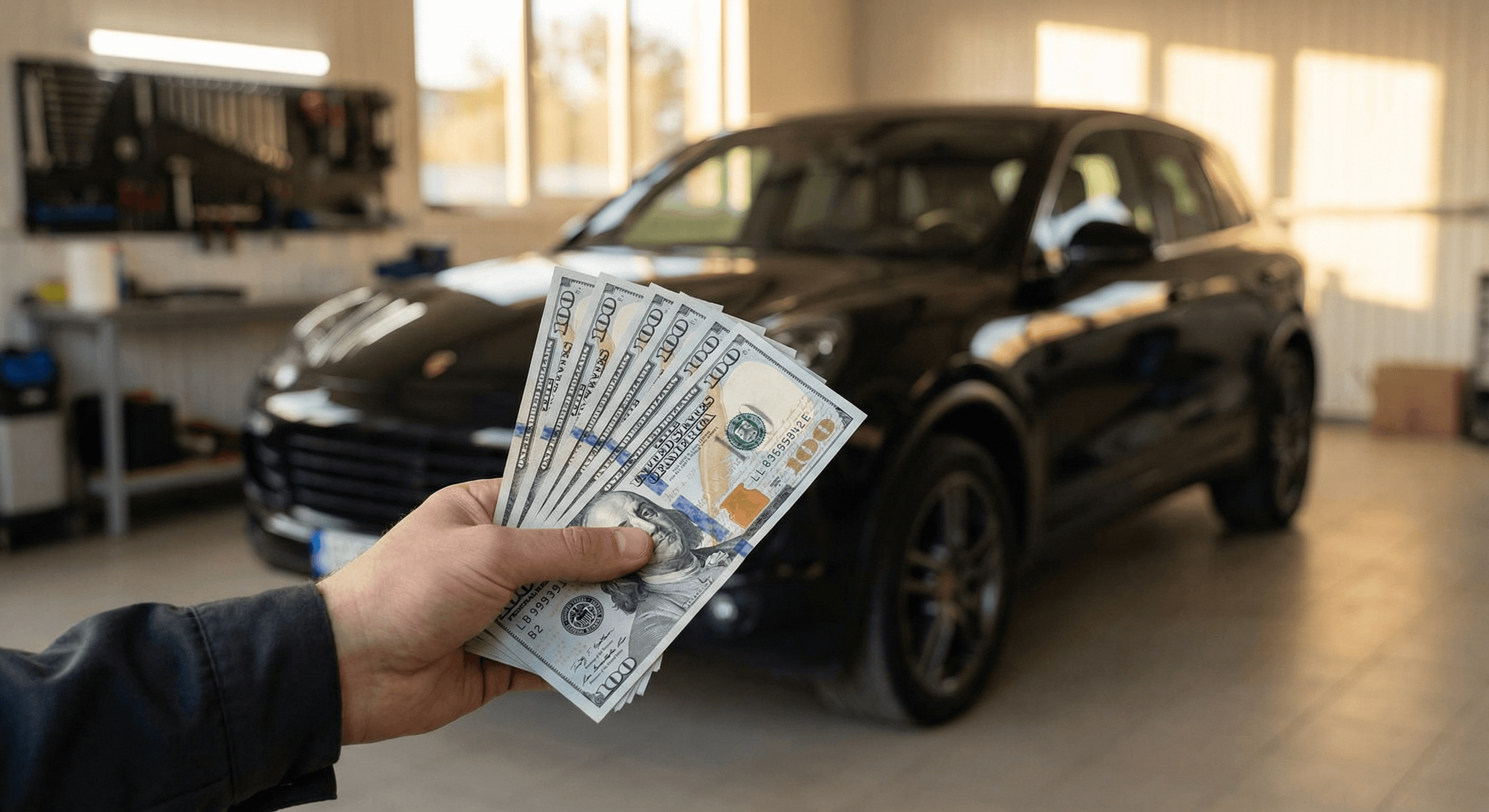 Cash in hand beside a freshly tinted car