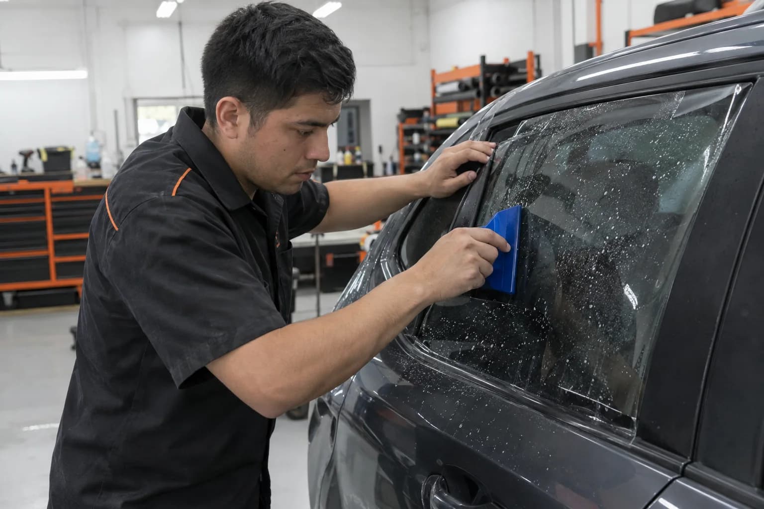 A trainee installing tint film on a car side window