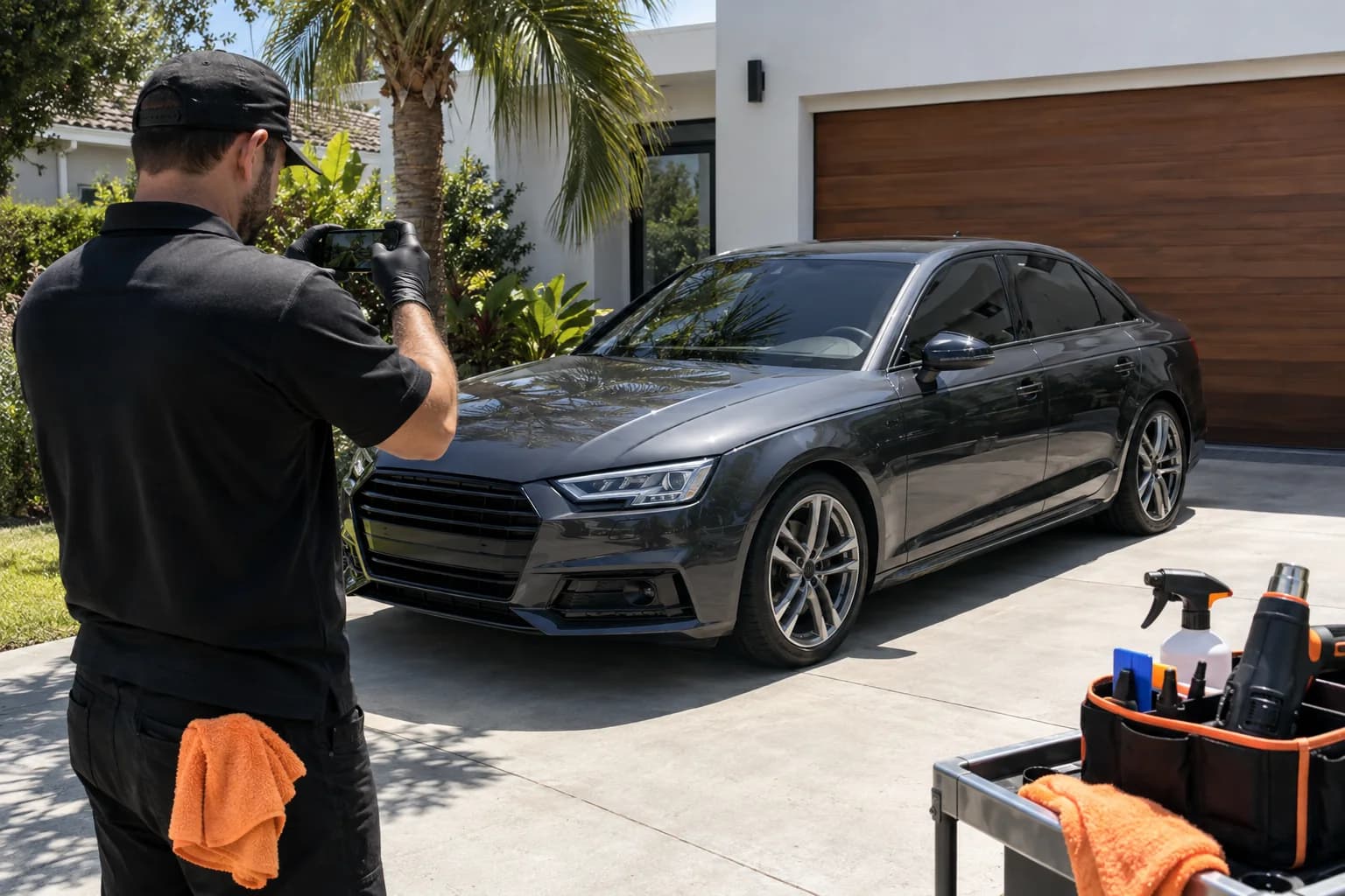 A new window tinter photographing a finished car for his business