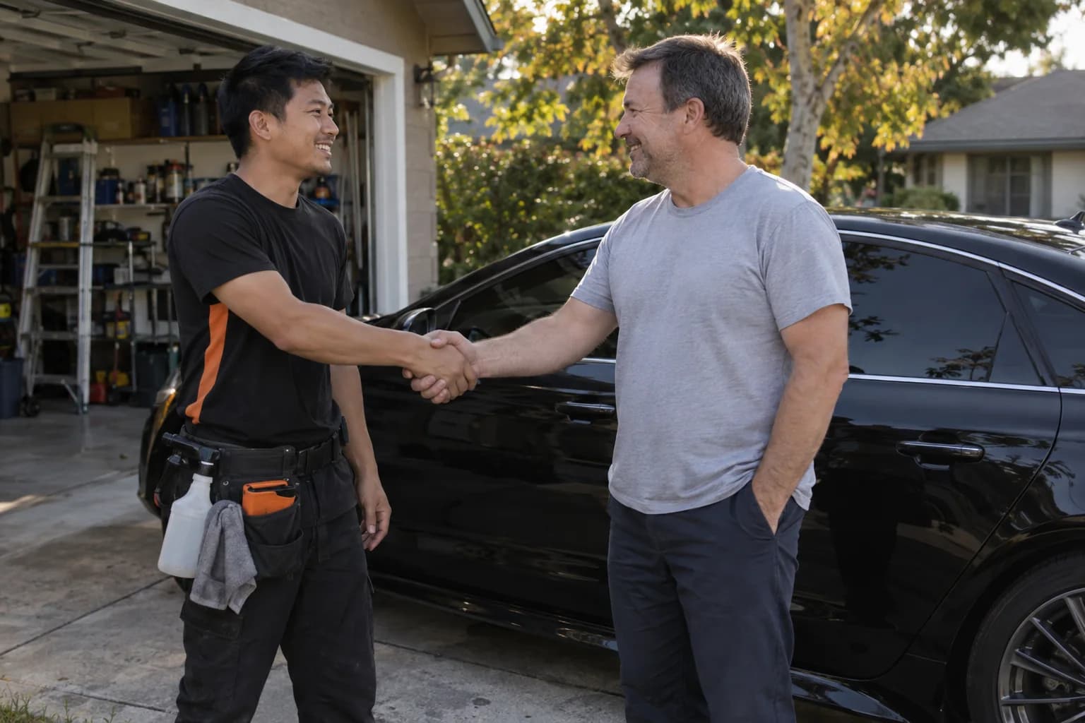 A new window tinter shaking hands with a customer