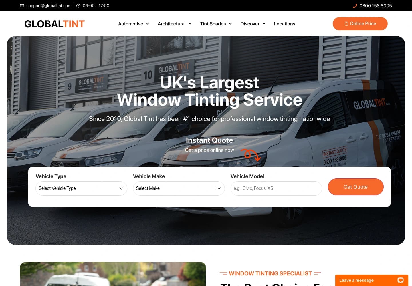 The Global Tint website, showing the established business behind Tint School Online