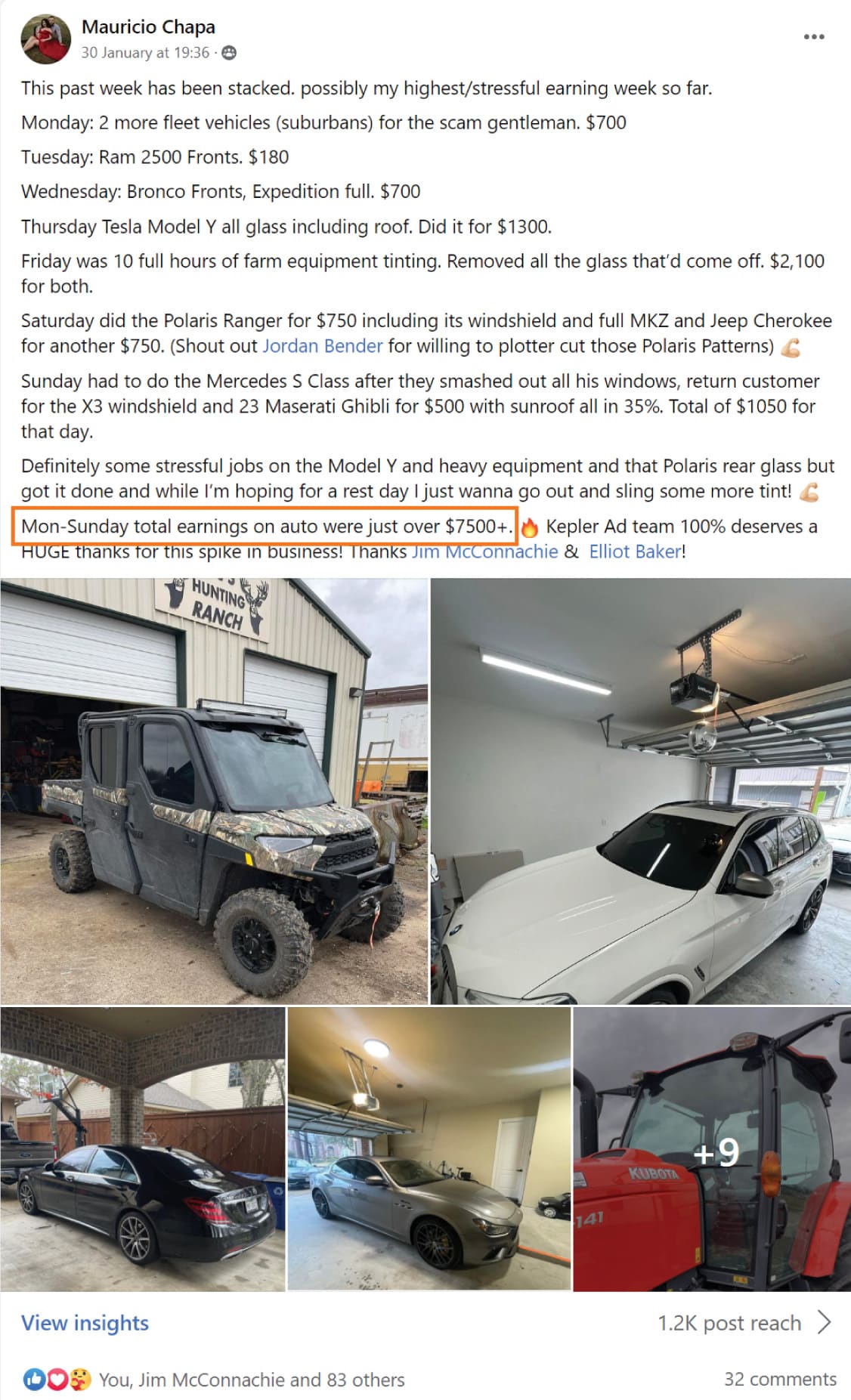 Tint School Online student Mauricio earning $7,500 per week