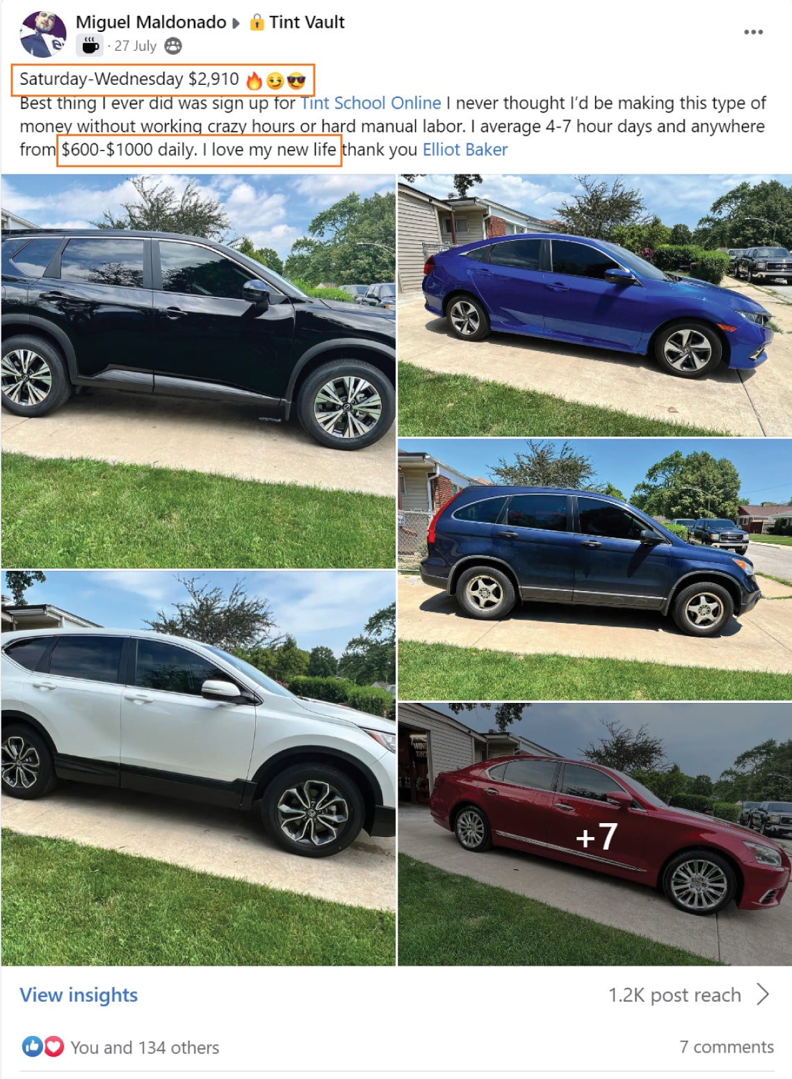 Tint School Online review — Miguel earning $2,910 in 5 days